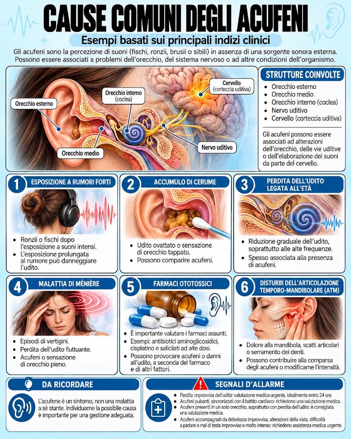 Infografica su possibili fattori associati agli acufeni e sui segnali che richiedono una valutazione medica.