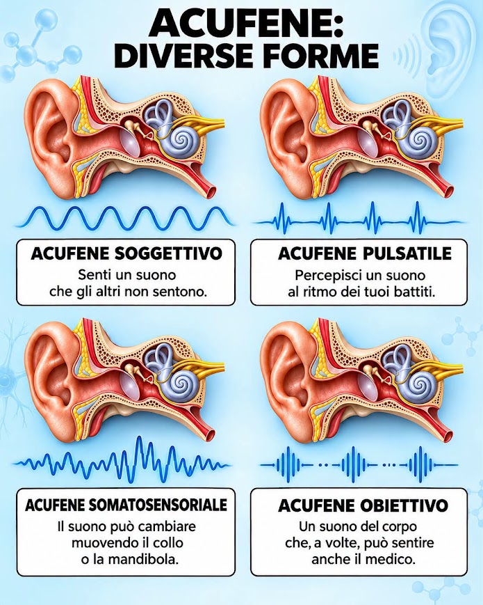 Infografica con acufene soggettivo, pulsatile, somatosensoriale e obiettivo, caratteristiche che possono sovrapporsi.