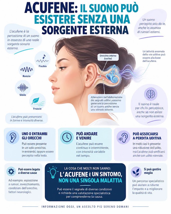 Infografica sull’acufene, che può presentarsi come fischio, ronzio o sibilo senza una sorgente sonora esterna.